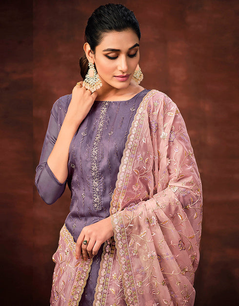 Traditional Function Wear Shimmer Organza Suit Collection Purple Shimmer Organza Pant Straight Close-up View